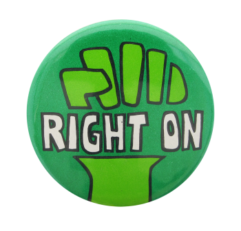 a black power fist with 'right on!' over it