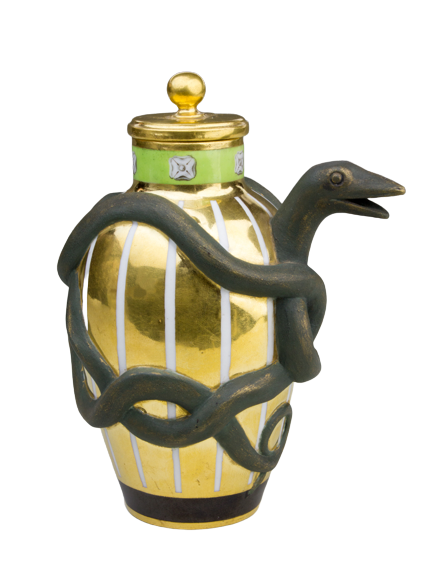 a glass bottle with a metal snake wrapped around it