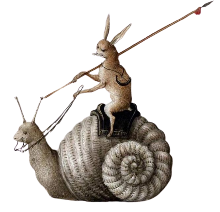 a rabbit wearing a snail carrying a spear